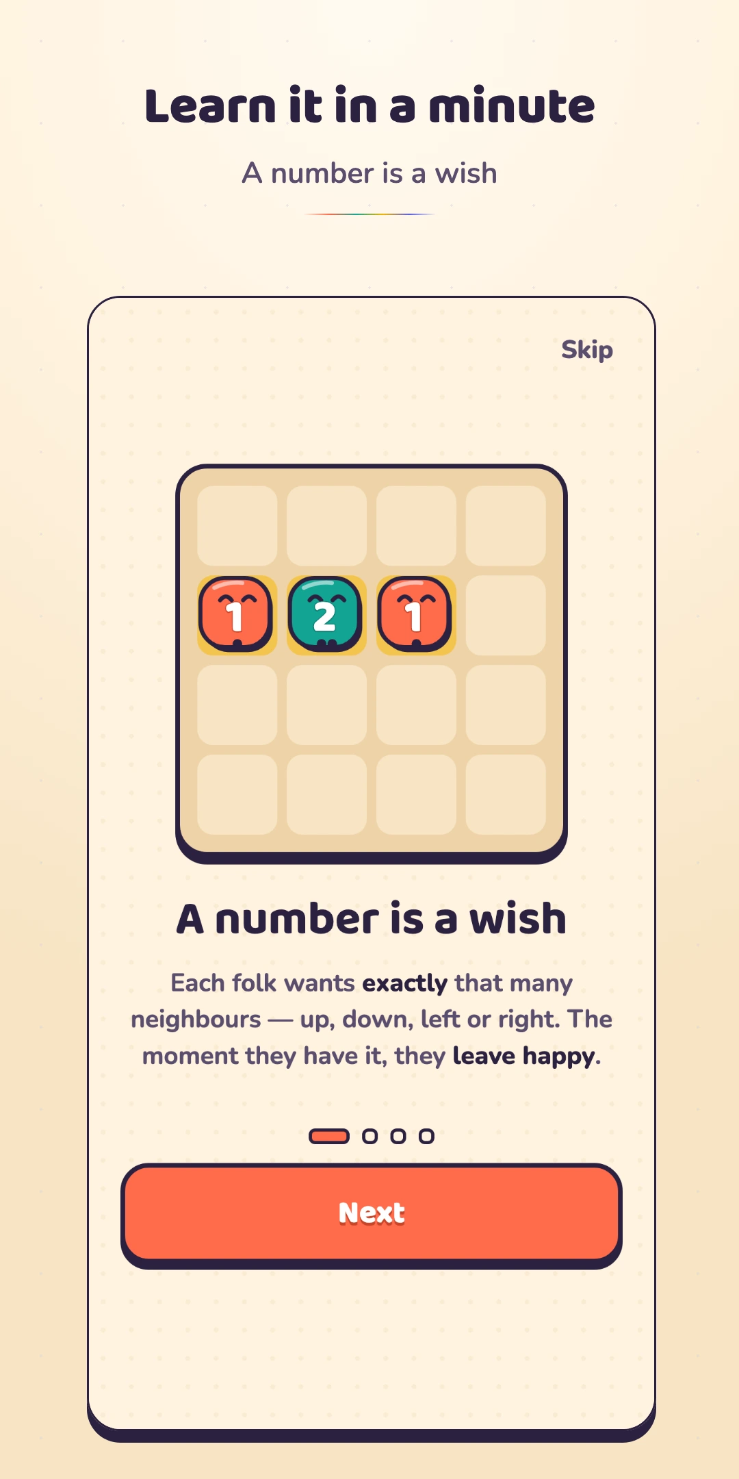 Numbors tutorial showing a one, two and one in a row and explaining the neighbour-count rule.