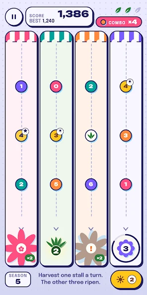 Bloom Queue’s official screenshot with four flower queues, coloured numbered pots, a combo counter and leaf indicators.