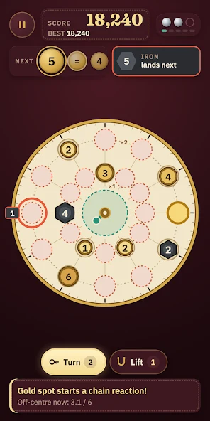 Counterwheel’s official gameplay screenshot showing a two-ring wheel, numbered weights and a gold position that starts a chain.