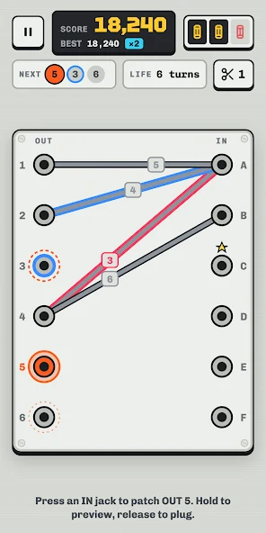 Crosslimit’s official screenshot showing numbered output jacks, lettered input jacks and crossing cords on a patch panel.