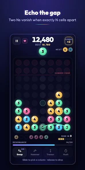 Echo Gap’s numbered puzzle board and a preview of an echo between matching tiles.