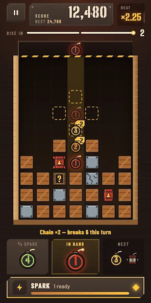 Fusewell’s official screenshot with bombs and crates in a shaft, a landing and blast preview, a spare bomb and a rise indicator.
