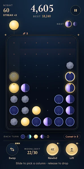 Lunar Cascade’s official screenshot with four moon phases on a starry board, dust obstacles and a preview of the next moon.