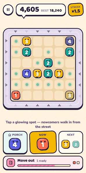 Numbors’ neighbourhood grid, numbered characters and preview of the next newcomer.