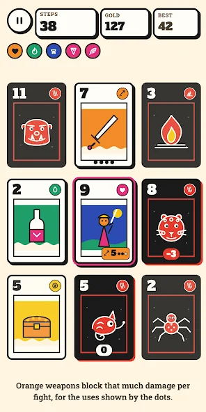 Picadeck’s nine-card dungeon with monsters, weapons, potions and a hero.