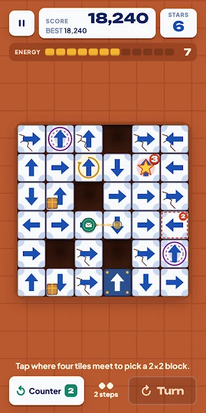 Rotoroute’s official gameplay screenshot showing an arrow-tile grid, the courier’s path, stars, portals and missing tiles.