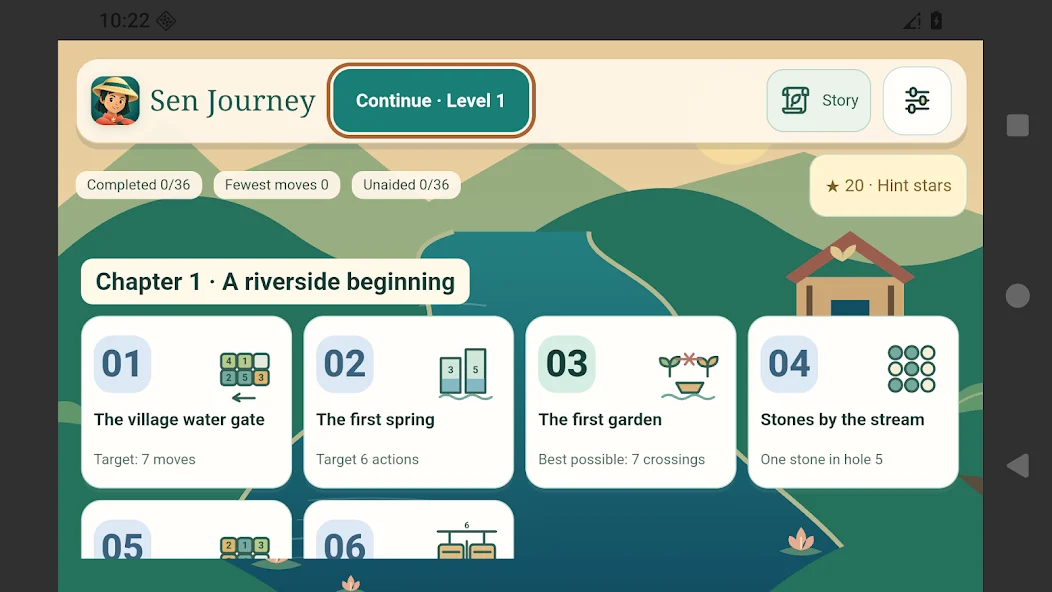 Official Sen Journey screenshot showing the first chapter, completed-level count and illustrated puzzle cards.