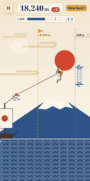 Skytether showing a kite above a ship, with its line passing an obstacle and a tension meter above.