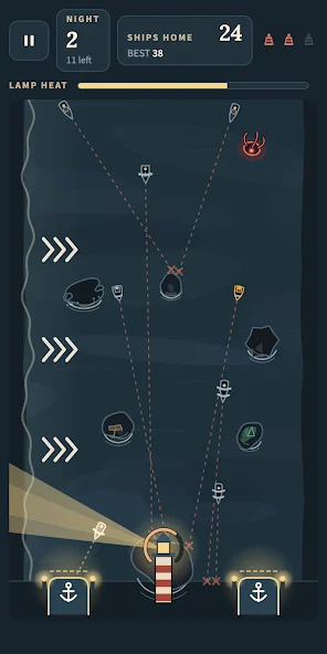 Stormlamp’s lighthouse beam, ships, course lines and lamp heat gauge.