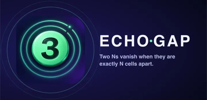 Official Echo Gap artwork showing a glowing three and the rule: two Ns vanish when they are exactly N cells apart.