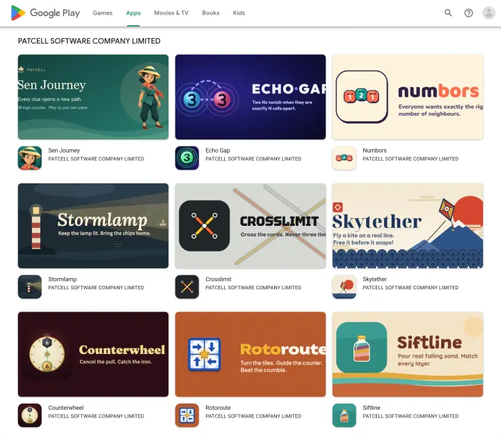 A direct Firefox screenshot of Patcell’s Google Play developer collection, with all 14 game cards, the publisher name and Google Play address visible together.