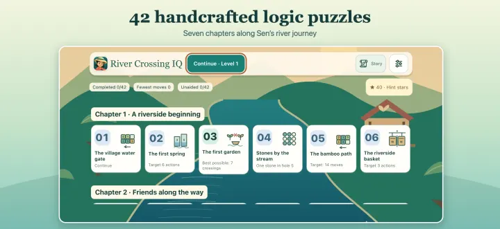 Official River Crossing IQ iOS artwork showing the chapter map beneath the words 42 handcrafted logic puzzles.