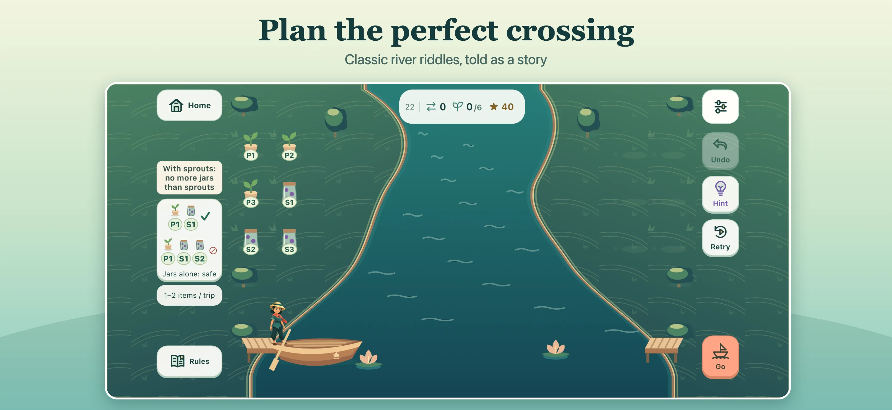 River Crossing IQ garden crossing with three sprouts, three jars and a two-item boat.