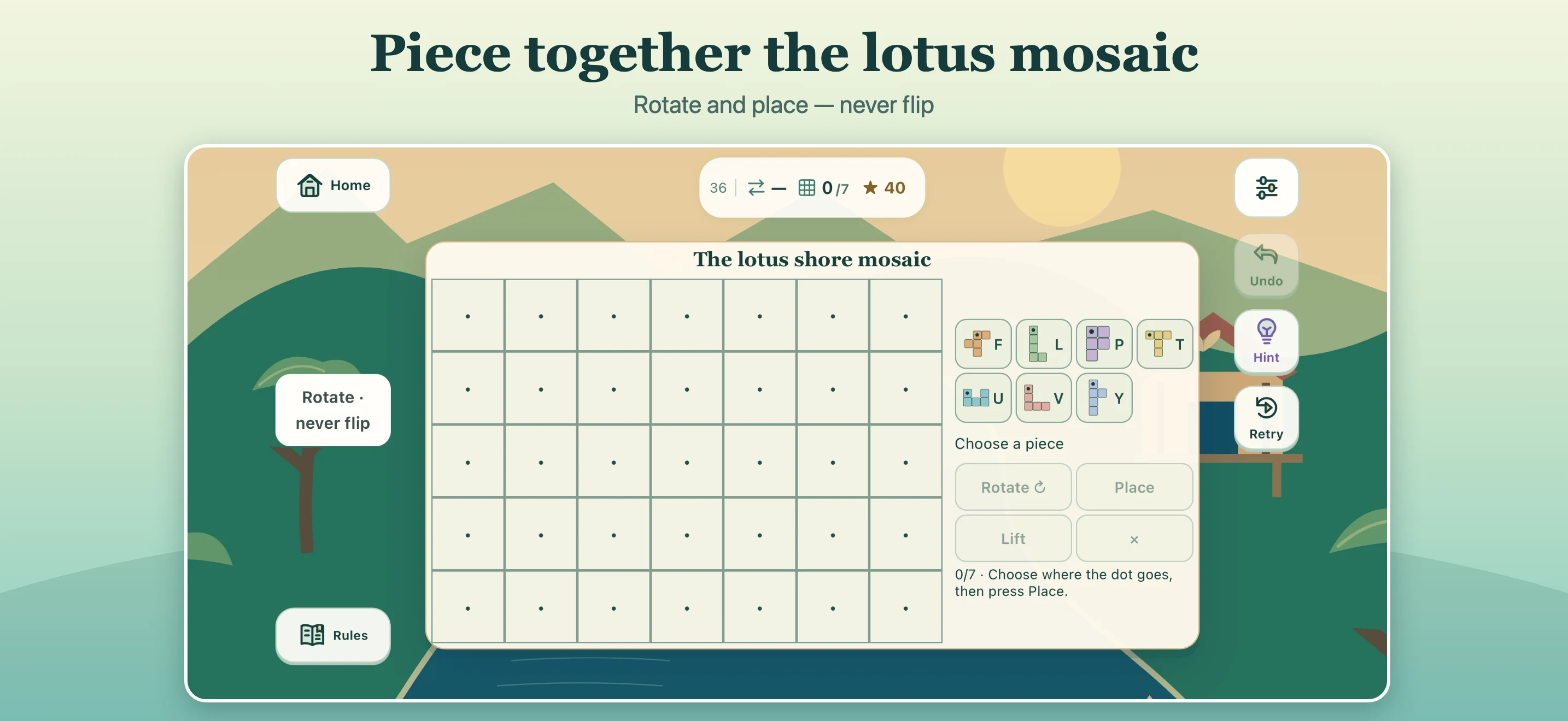 River Crossing IQ lotus mosaic with a grid and seven coloured pieces.