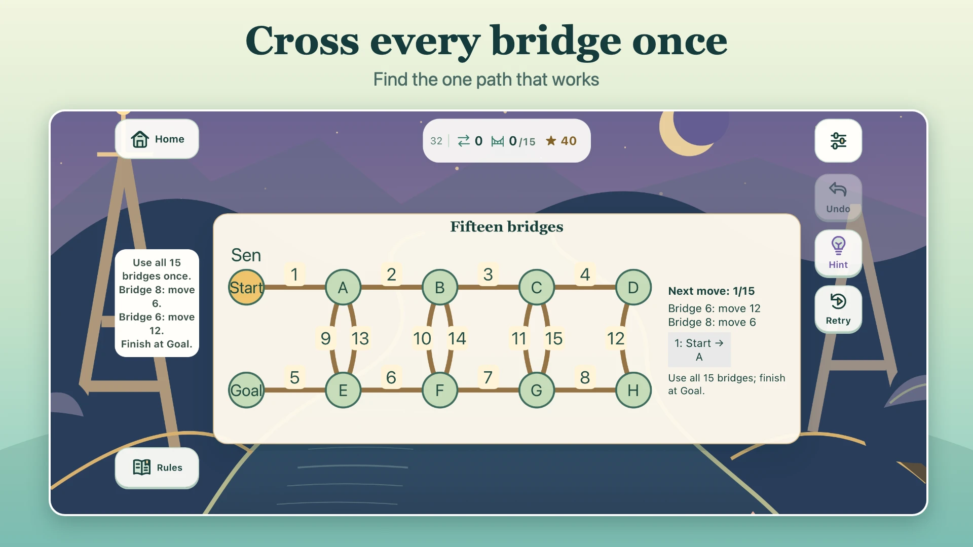 The Fifteen bridges puzzle in Sen Journey, showing a network of numbered routes between Start and Goal.