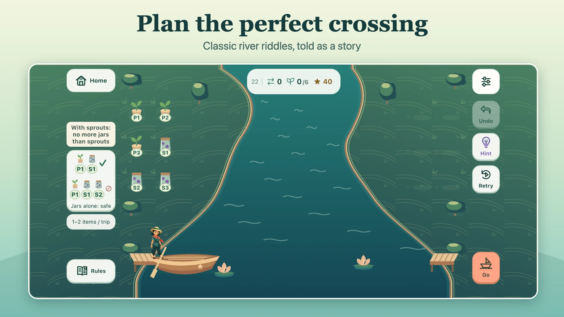 Sen Journey river-crossing puzzle with sprouts, jars and a boat between two riverbanks.