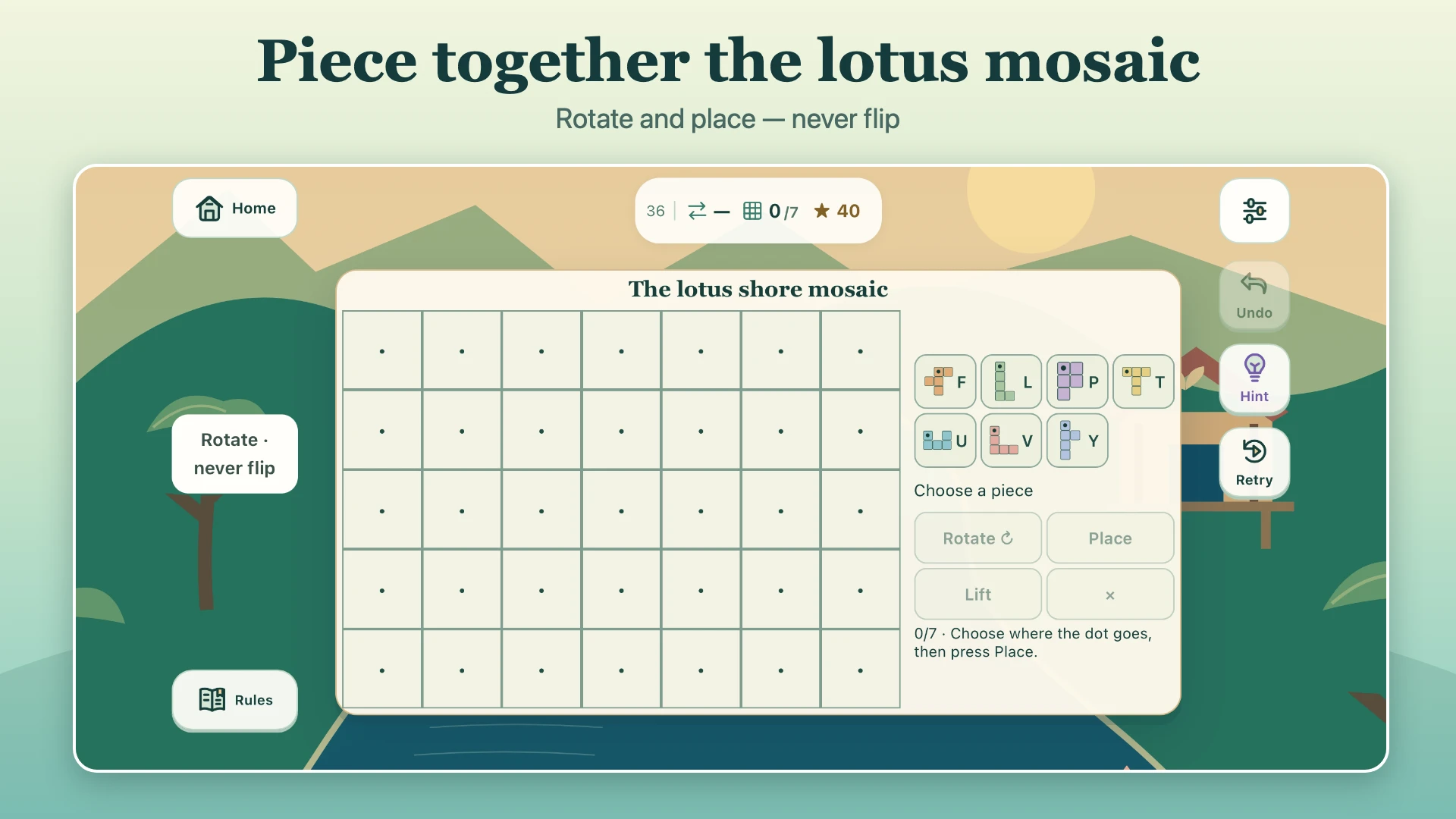 Sen Journey’s lotus shore mosaic with an empty grid and seven coloured pieces that can be rotated and placed.
