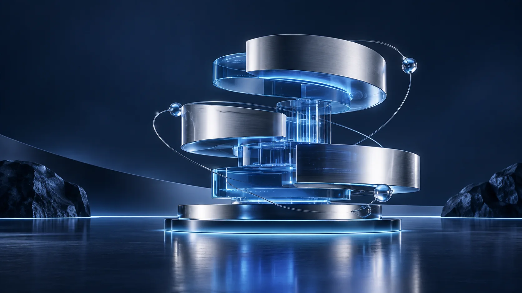 Abstract connected modules in silver metal and blue glass
